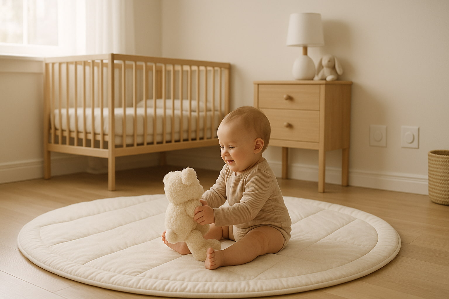 Baby playing safely in nursery with best outlet covers for baby installed on wall sockets - Find For Baby