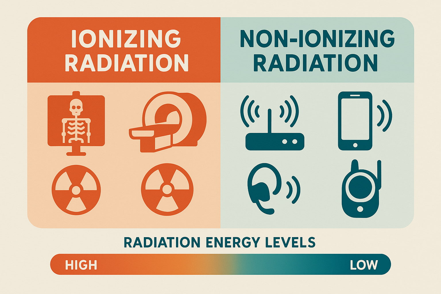 Infographic comparing ionizing vs non-ionizing radiation with examples like X-rays, Wi-Fi, smartphones, and baby monitors - Find For Baby Infographic comparing ionizing vs non-ionizing radiation with examples like X-rays, Wi-Fi, smartphones, and baby monitors - Find For Baby