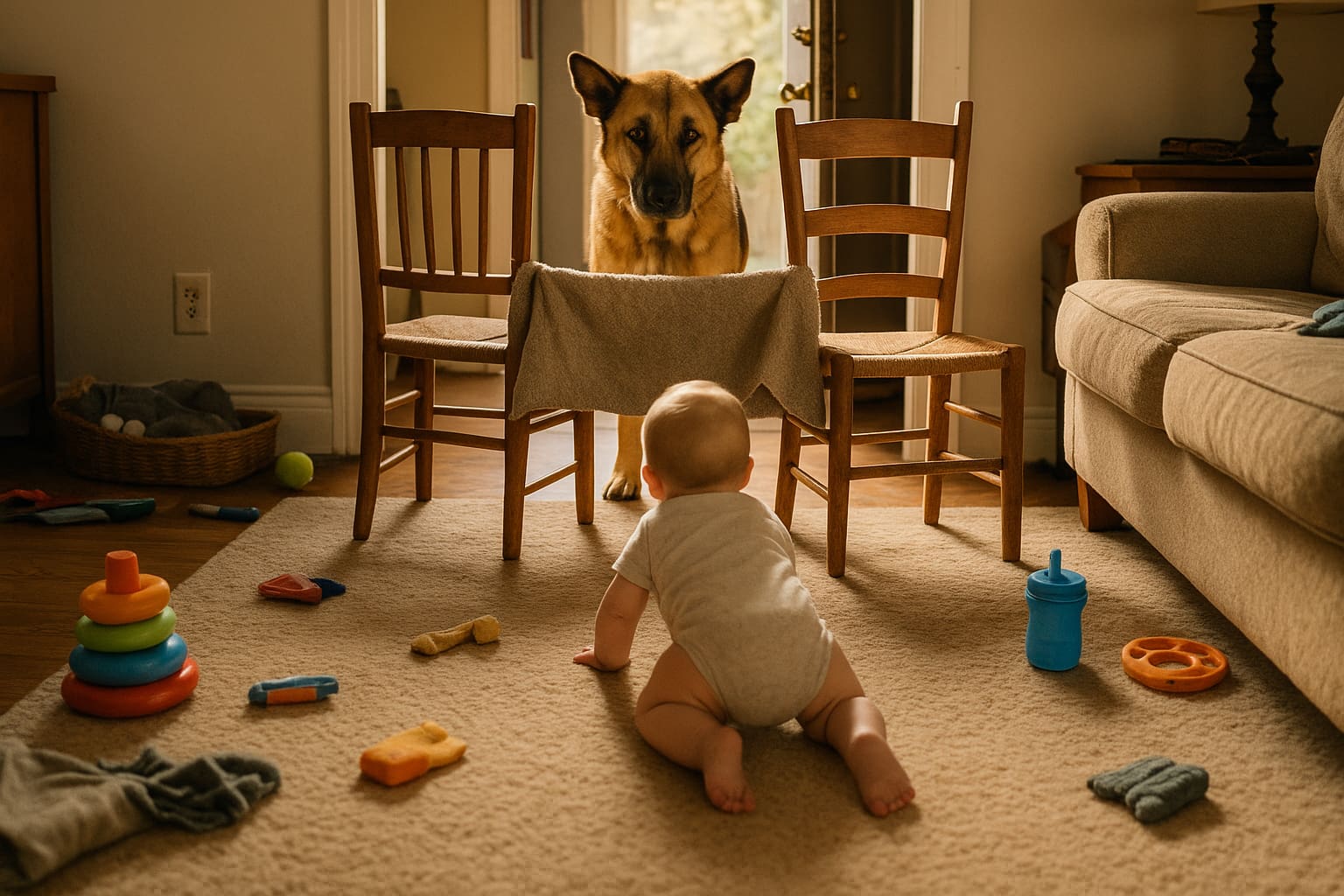 Regalo Easy Step Pet Gate Review - Baby crawling toward open doorway before using Regalo Easy Step Pet Gate in a pet-friendly home - Find For Baby