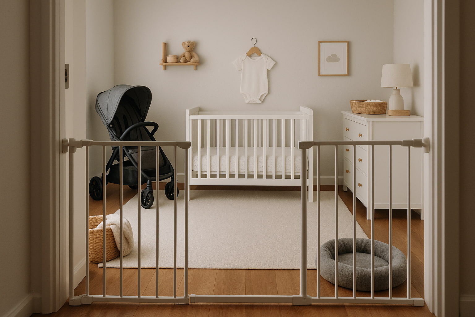 Baby nursery prepared for pet safety with gate and pet bed in a calm, organized room - Find For Babyac