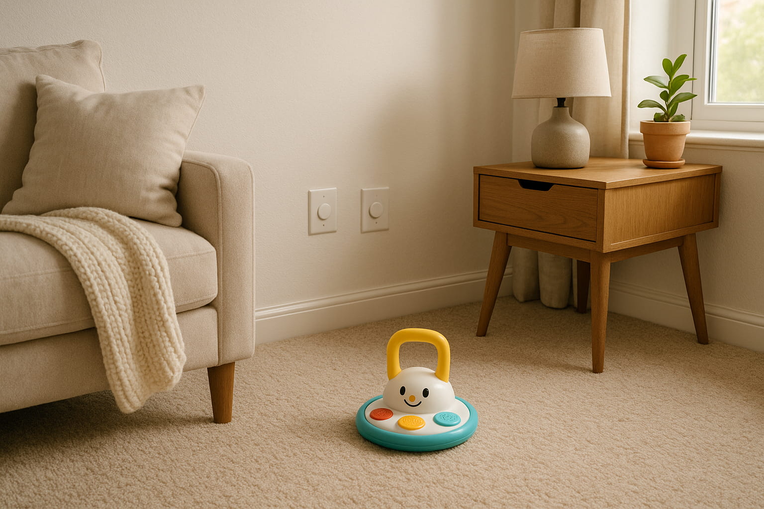 Baby-safe living room with plug protectors on wall outlets — Safety 1st plug protector Review shown in a real home using Wi-Fi vs non-Wi-Fi baby monitors - Find For Baby