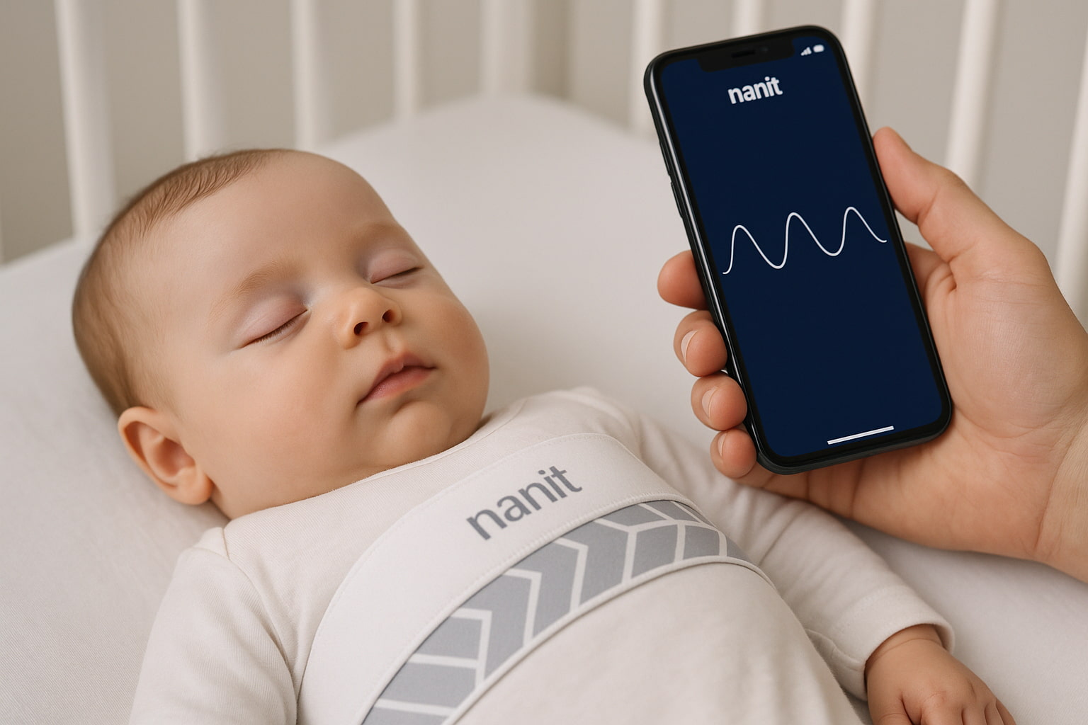 Baby using Nanit breathing band while parent monitors breathing graph on app - Find for Baby Baby using Nanit breathing band while parent monitors breathing graph on app - Find for Baby