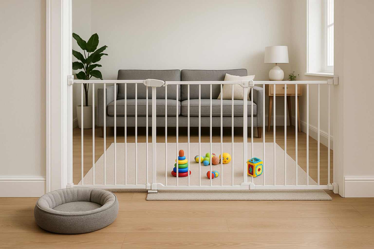 Babyproofed living room with pet gate and separated baby area for safety - Find For Baby