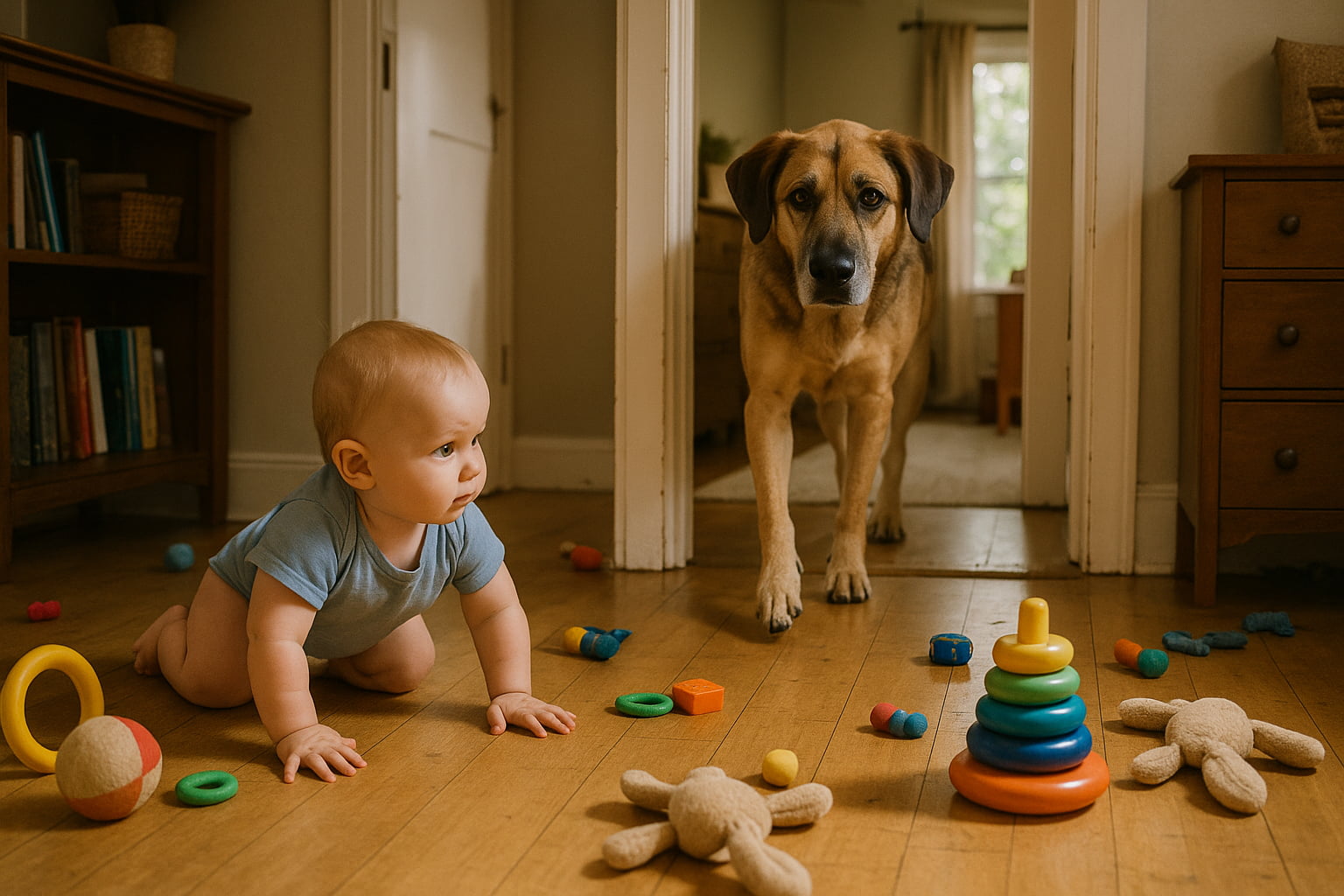 Before using the best pet gates for baby safety 2025 — baby crawling on floor as dog enters room with no gate installed - Find For Baby