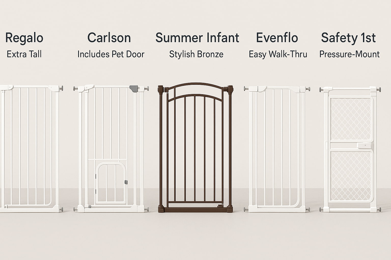 Comparison of top 5 pet gates for baby safety showing different styles and features on a clean background - Find For Baby