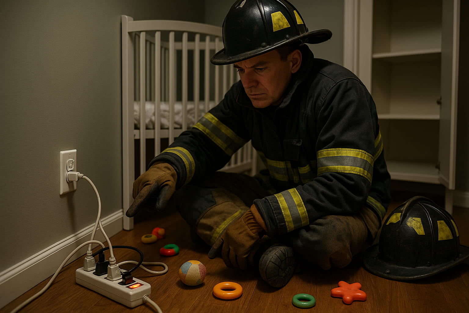 Firefighter inspecting baby’s room for hazards - Find For Baby Firefighter inspecting baby’s room for hazards - Find For Baby