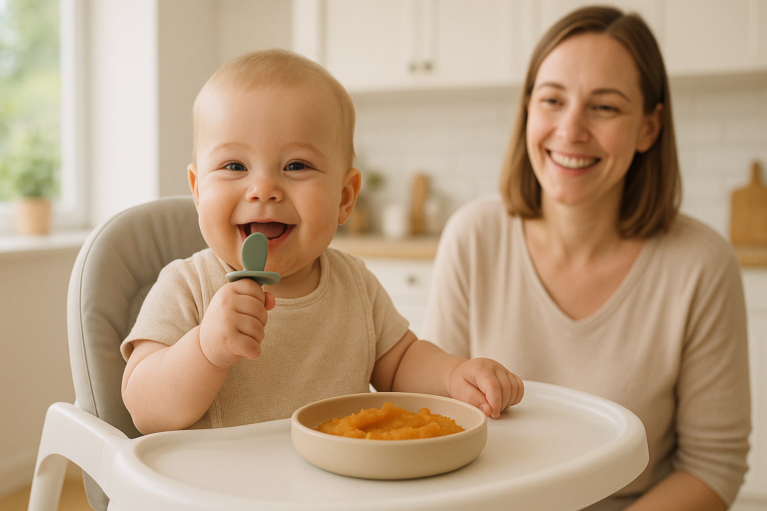 Happy Baby with Spoon in his Mouth at Mealtime - Find For Baby