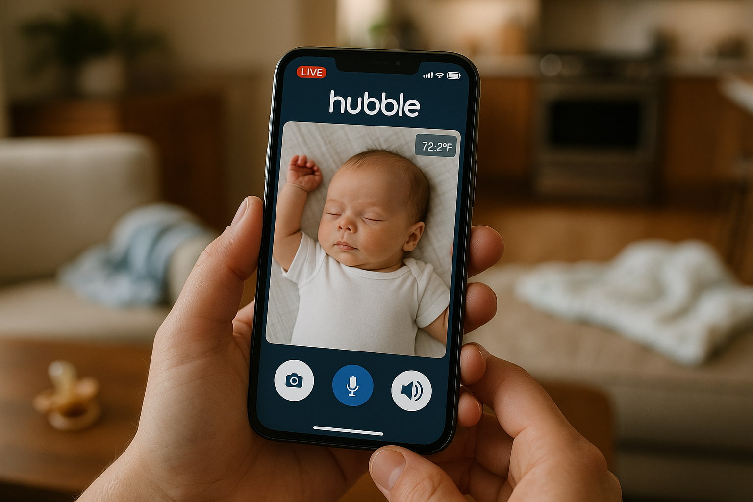Hubble app displaying Motorola baby monitor video and smart features on phone - Find For Baby Hubble app displaying Motorola baby monitor video and smart features on phone - Find For Baby