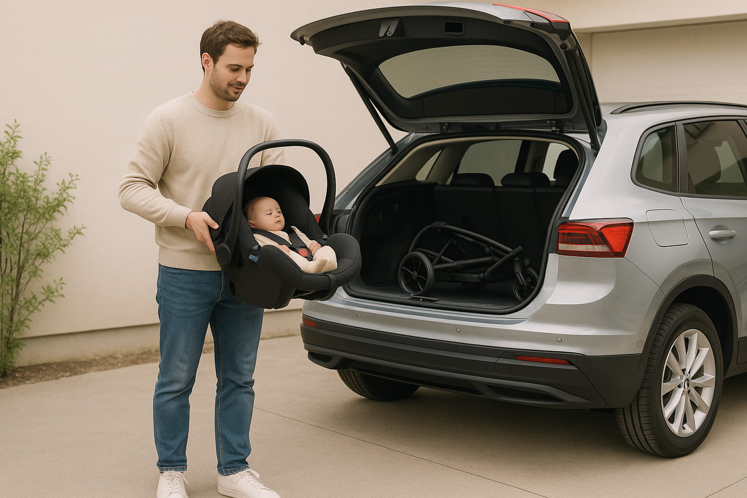 Infant carriers vs travel systems which is safer – parent holding infant carrier beside car with stroller frame in trunk - Find For Baby