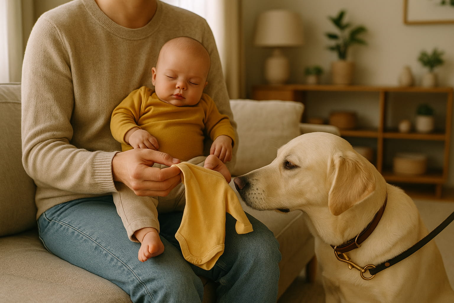Introducing pets to newborns — baby held by parent as dog sniffs baby blanket calmly - Find For Baby