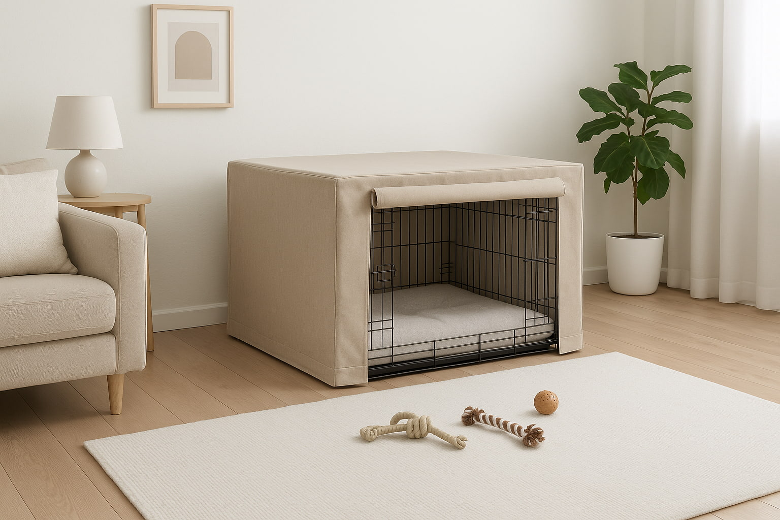 Modern baby-safe dog crate setup in living room with soft bedding and organized space - Find For Baby Modern baby-safe dog crate setup in living room with soft bedding and organized space - Find For Baby