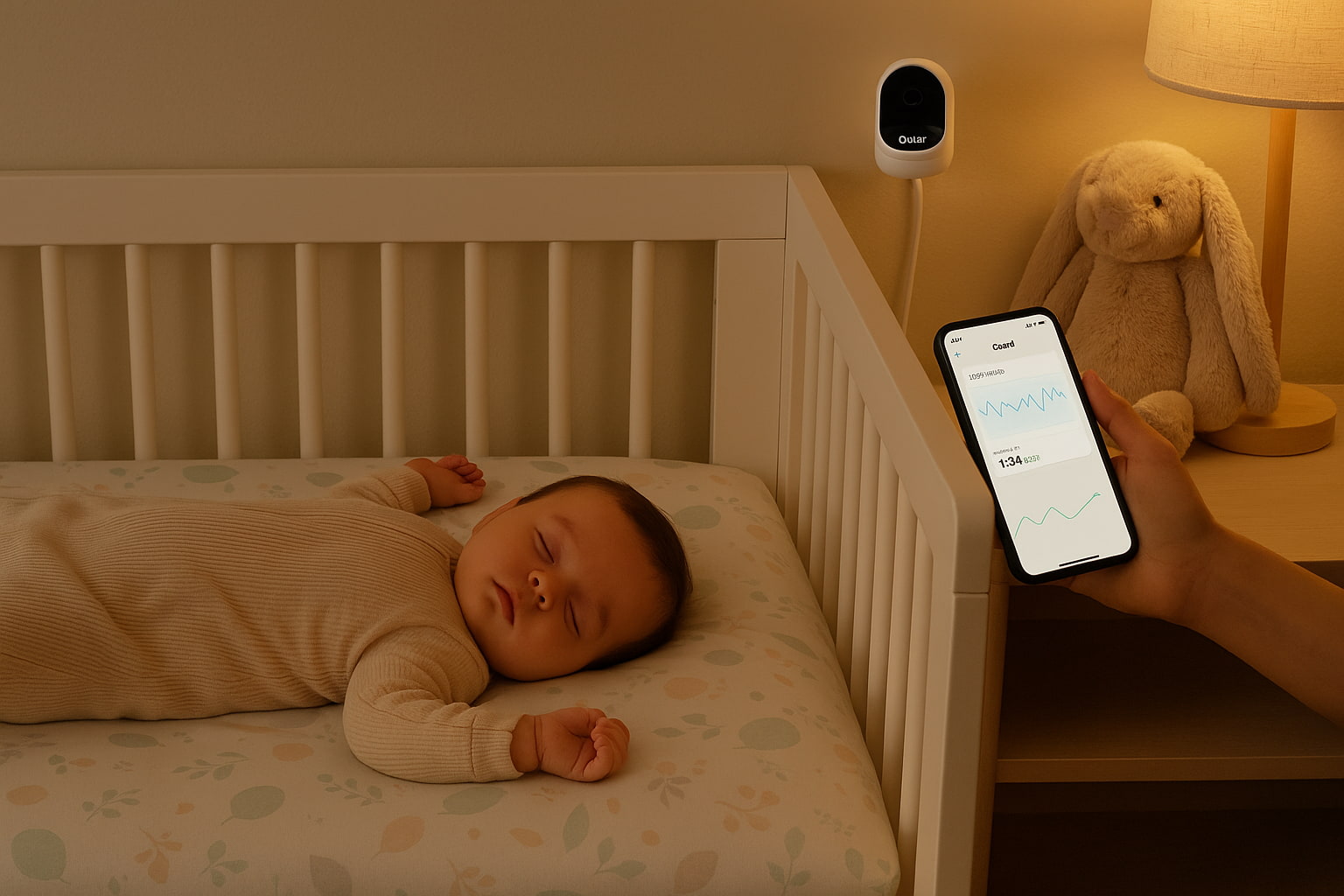 Owlet Smart Sock baby monitor setup showing baby, sock, and app in nursery - Find For Baby Owlet Smart Sock baby monitor setup showing baby, sock, and app in nursery - Find For Baby