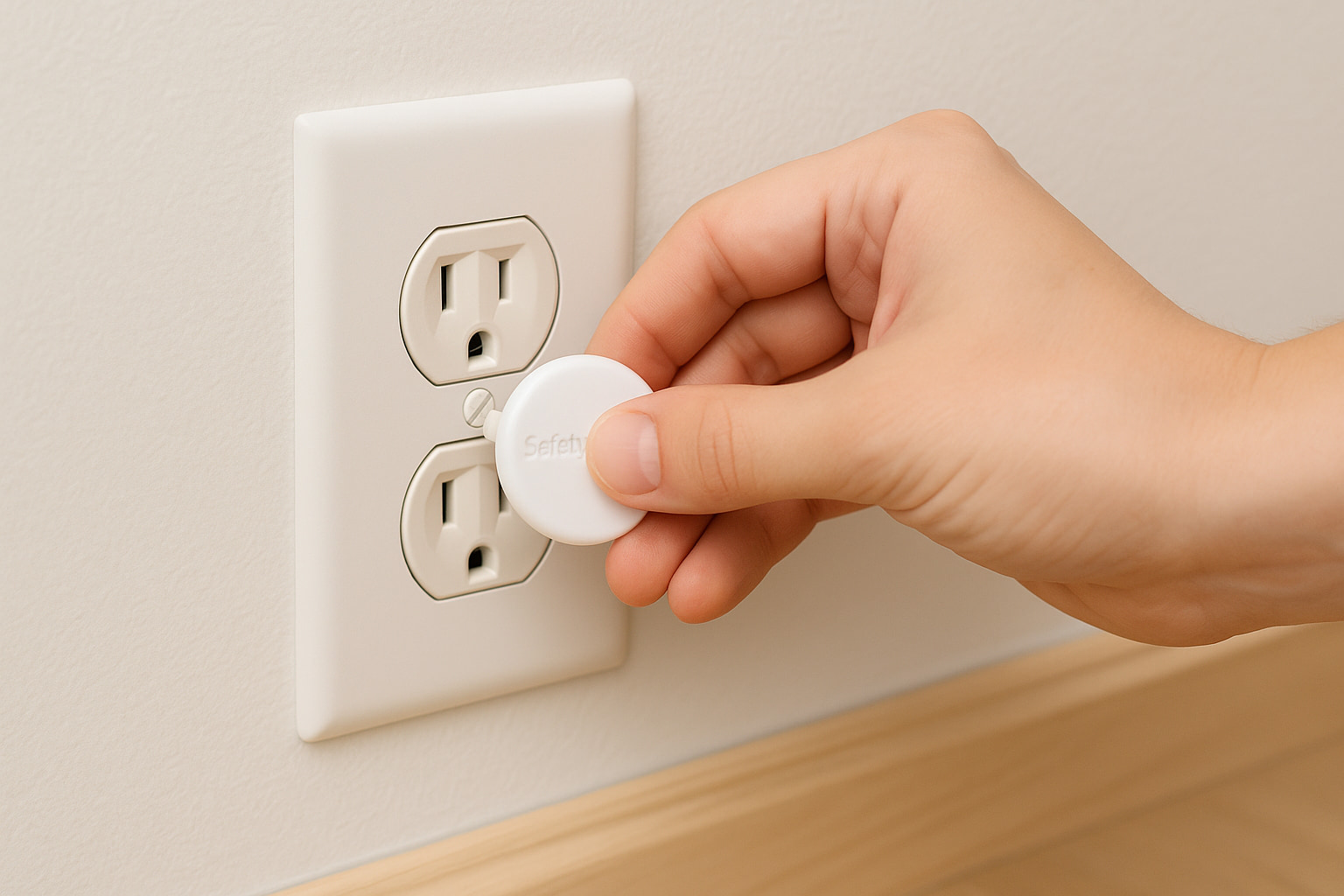 Parent installing a plug protector while toddler crawls in the background in a baby-proofed room - Find For Baby