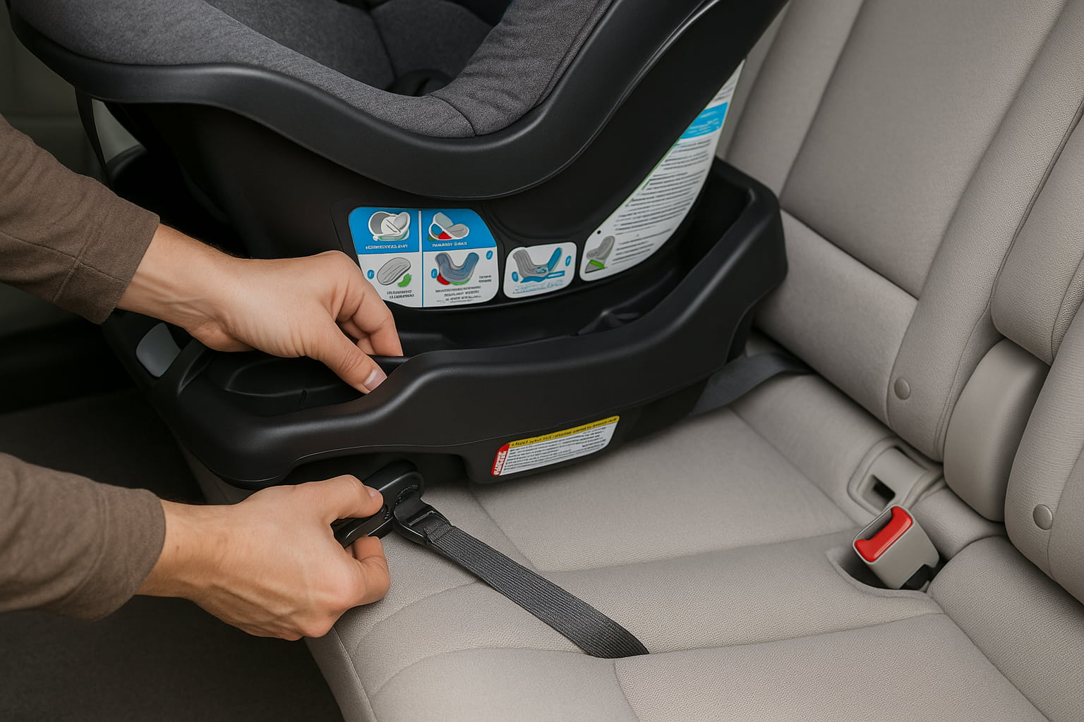 Parent installing infant car seat base securely with LATCH system - Find For Baby Parent installing infant car seat base securely with LATCH system - Find For Baby