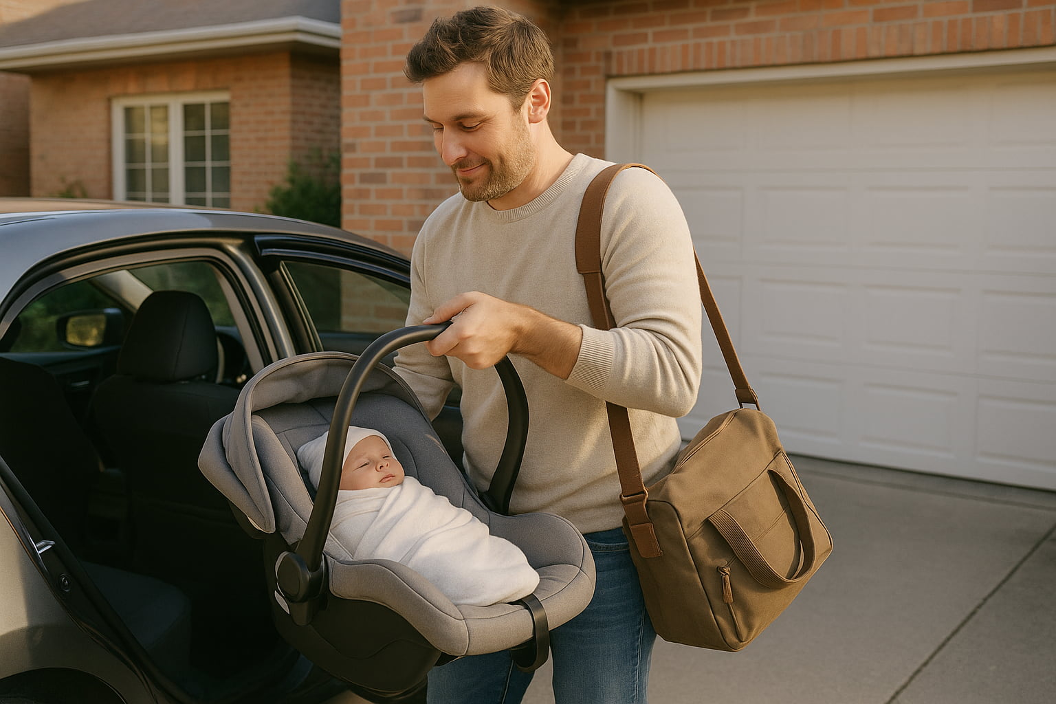 Parent lifting baby in infant carrier from car seat during morning routine - Find For Baby Parent lifting baby in infant carrier from car seat during morning routine - Find For Baby