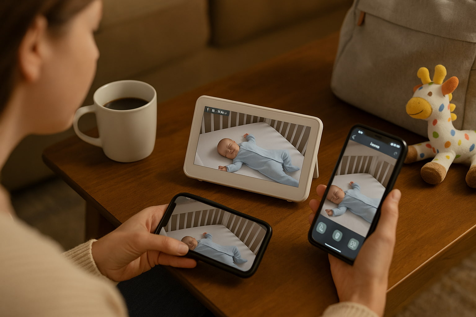 Parent monitoring baby from a seated position with baby monitor screen in clear view - Find for Baby Parent monitoring baby from a seated position with baby monitor screen in clear view - Find for Baby
