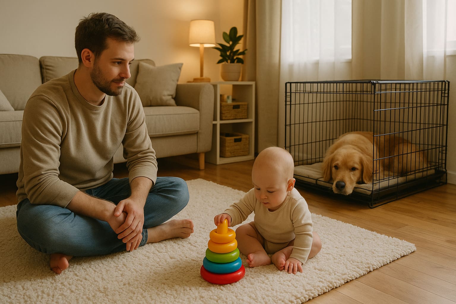 Parent supervising dog in crate and baby in room for safe interaction and calm crate training - Find For Baby Parent supervising dog in crate and baby in room for safe interaction and calm crate training - Find For Baby