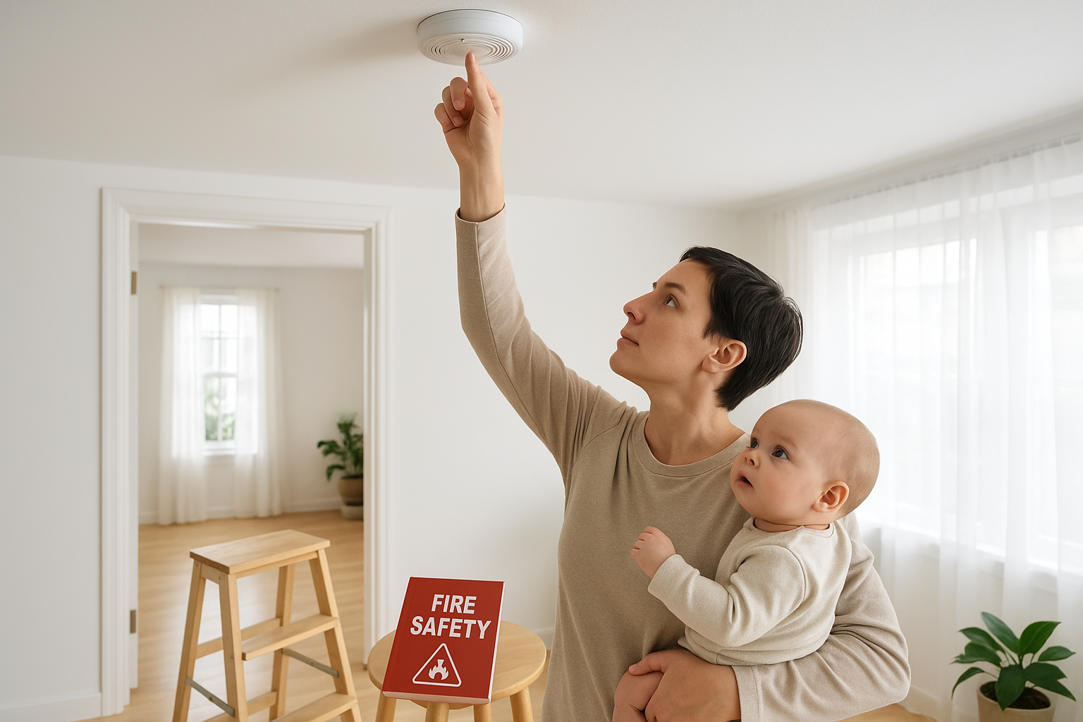 Parent testing smoke detector while holding baby - Find For Baby Parent testing smoke detector while holding baby - Find For Baby