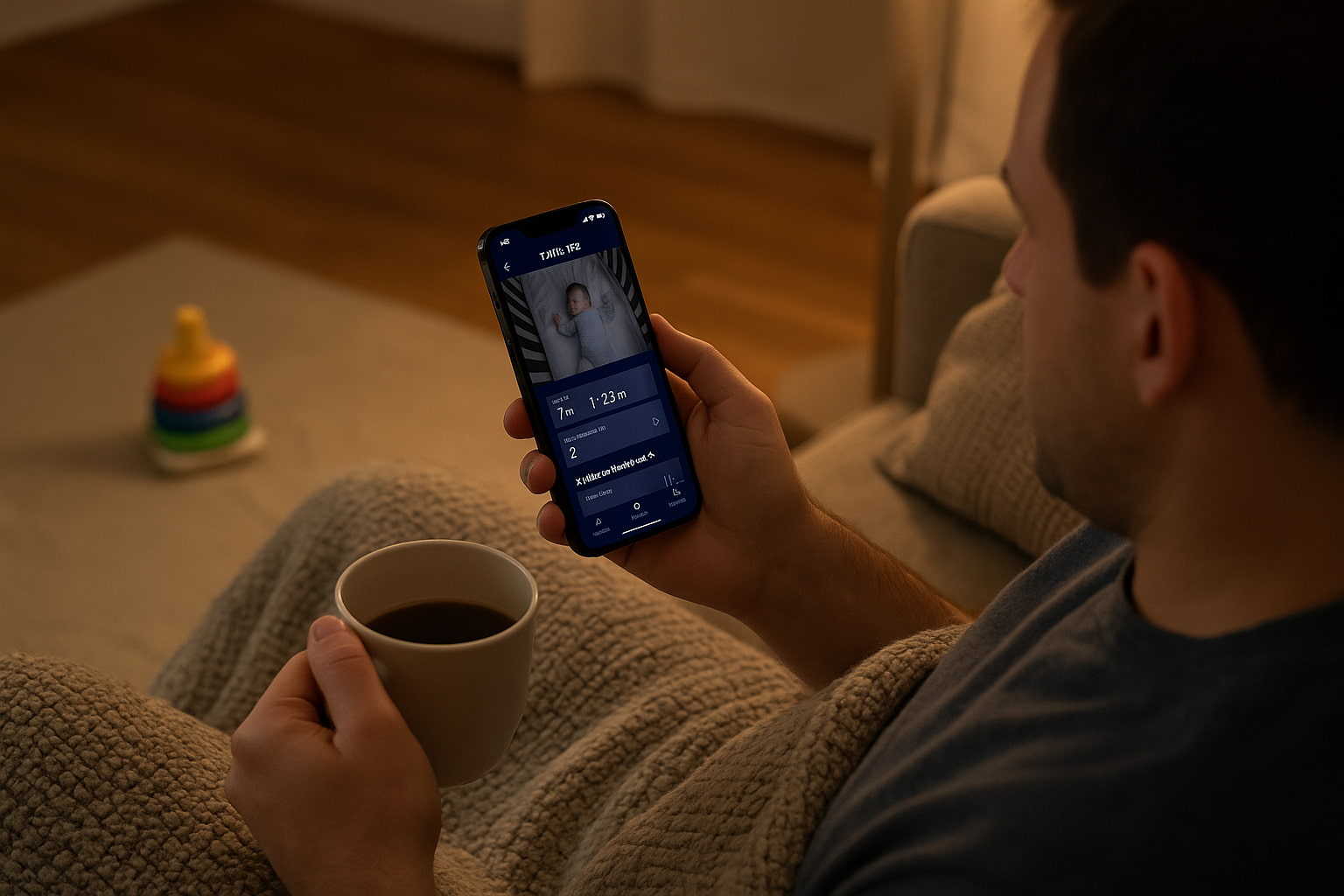 Parent using Nanit baby monitor app to view sleep data and live feed at home - Find For Baby Parent using Nanit baby monitor app to view sleep data and live feed at home - Find For Baby