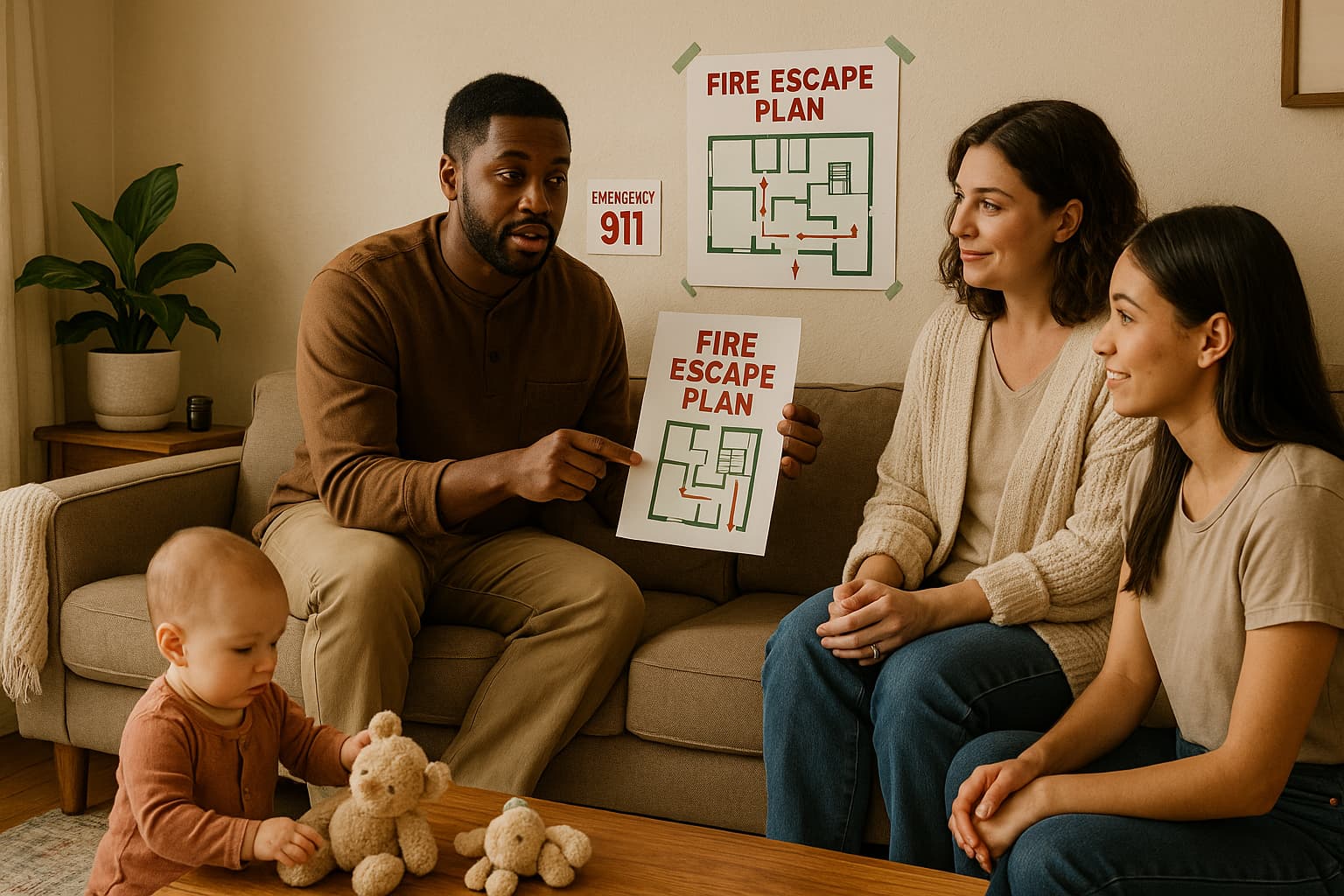 Parents showing fire exit plan to babysitter in baby’s room - Find For Baby Parents showing fire exit plan to babysitter in baby’s room - Find For Baby