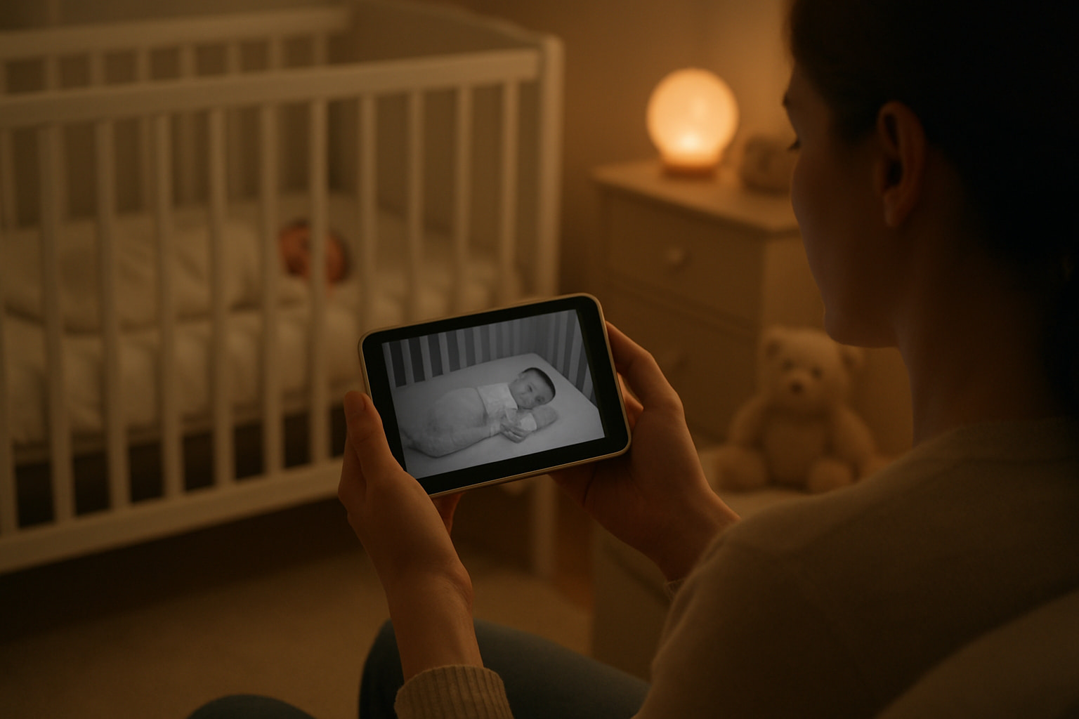 Real-life parenting moment showing baby monitor hacking prevention with secure video feed - Find For Baby Real-life parenting moment showing baby monitor hacking prevention with secure video feed - Find For Baby