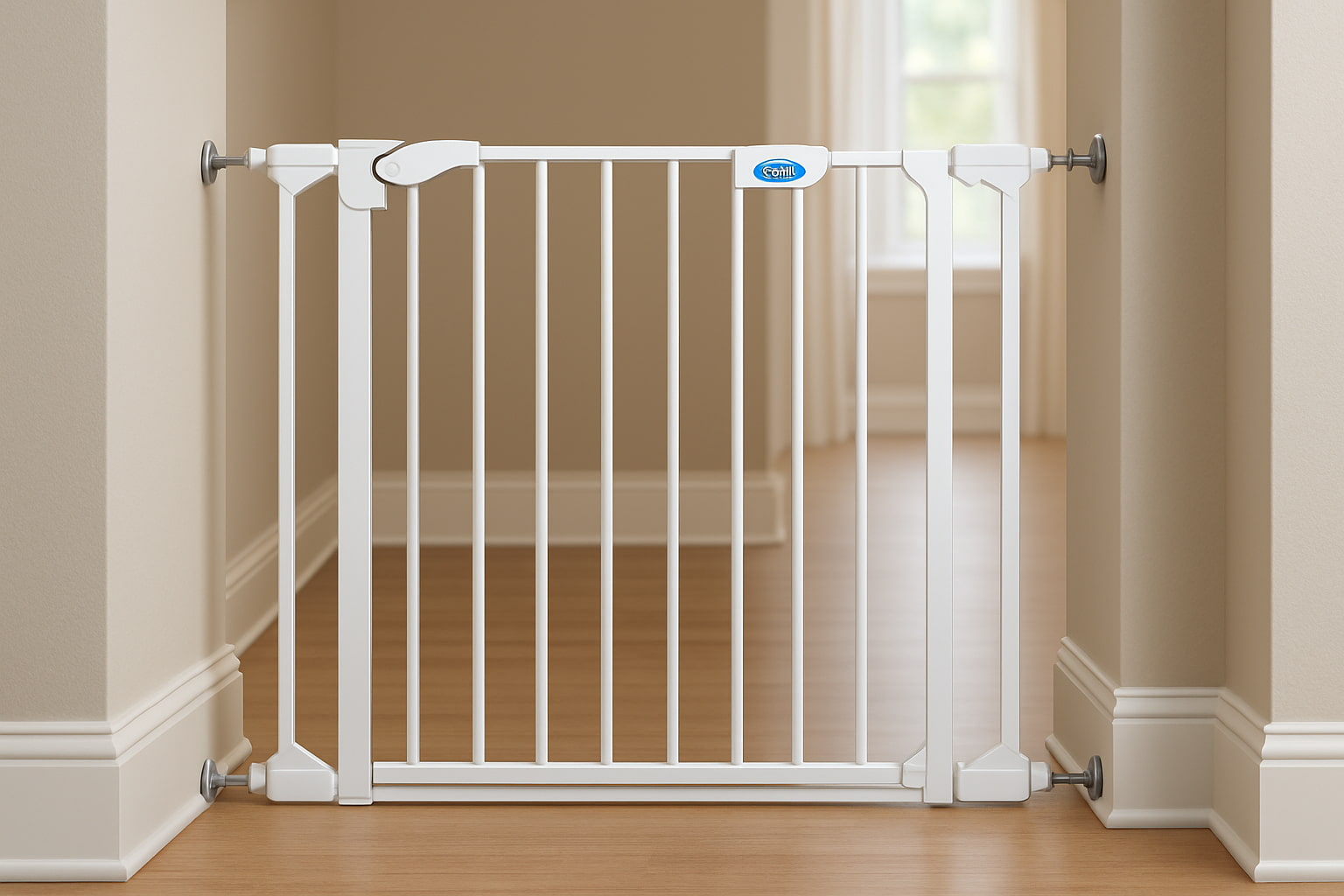 Regalo Easy Step Pet Gate installed securely in hallway between two walls in a bright modern home - Find For Baby