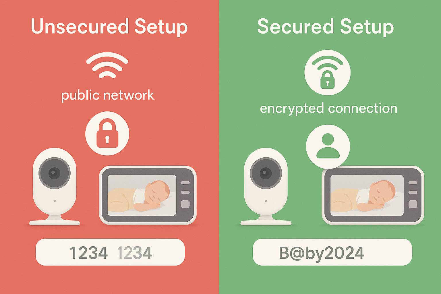 Side-by-side graphic showing secure vs insecure baby monitor setups - Find For Baby Side-by-side graphic showing secure vs insecure baby monitor setups - Find For Baby