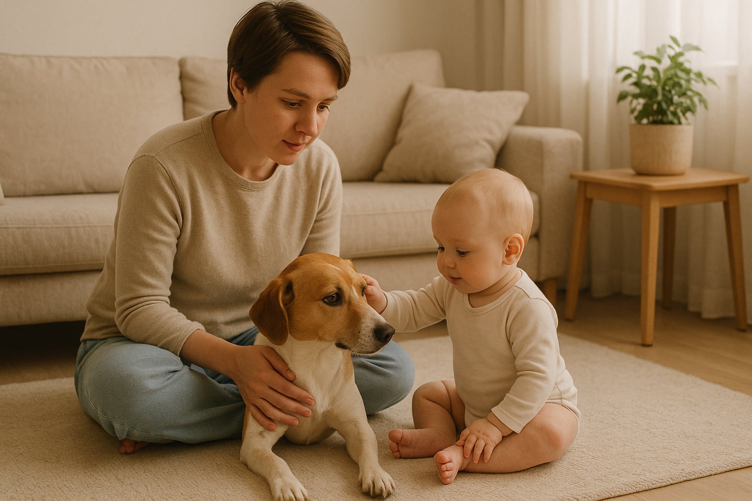 Supervised bonding moment between baby and pet with parent nearby - Find For Baby