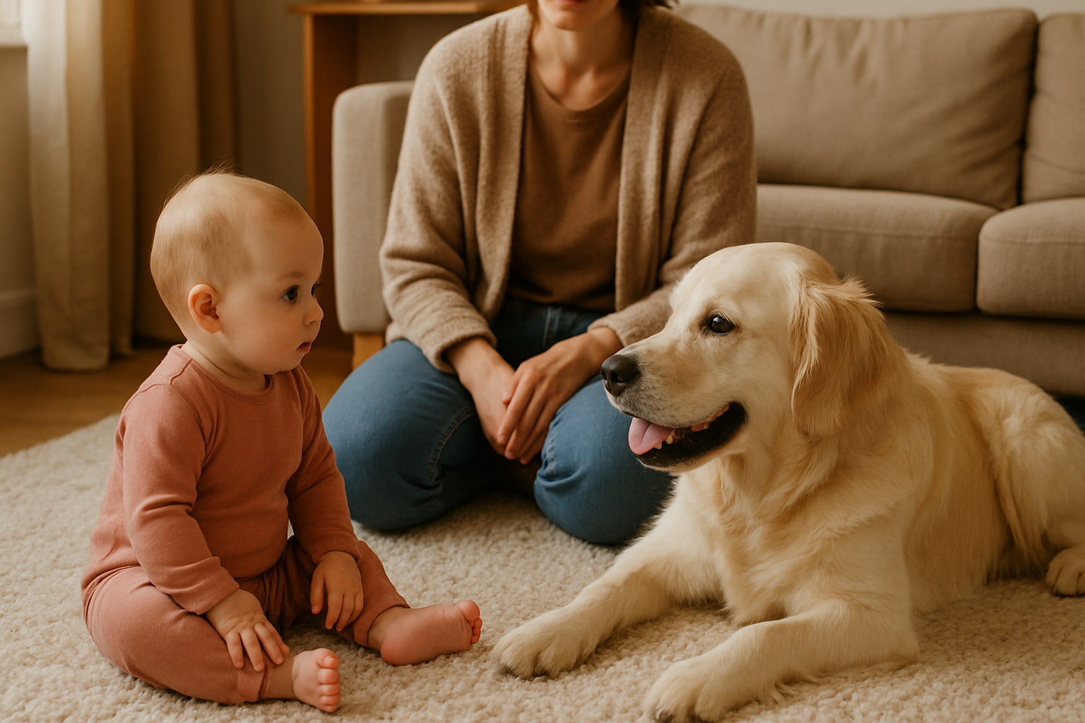 Supervised moment of bonding between baby and dog with adult nearby in a cozy room - Find For Baby