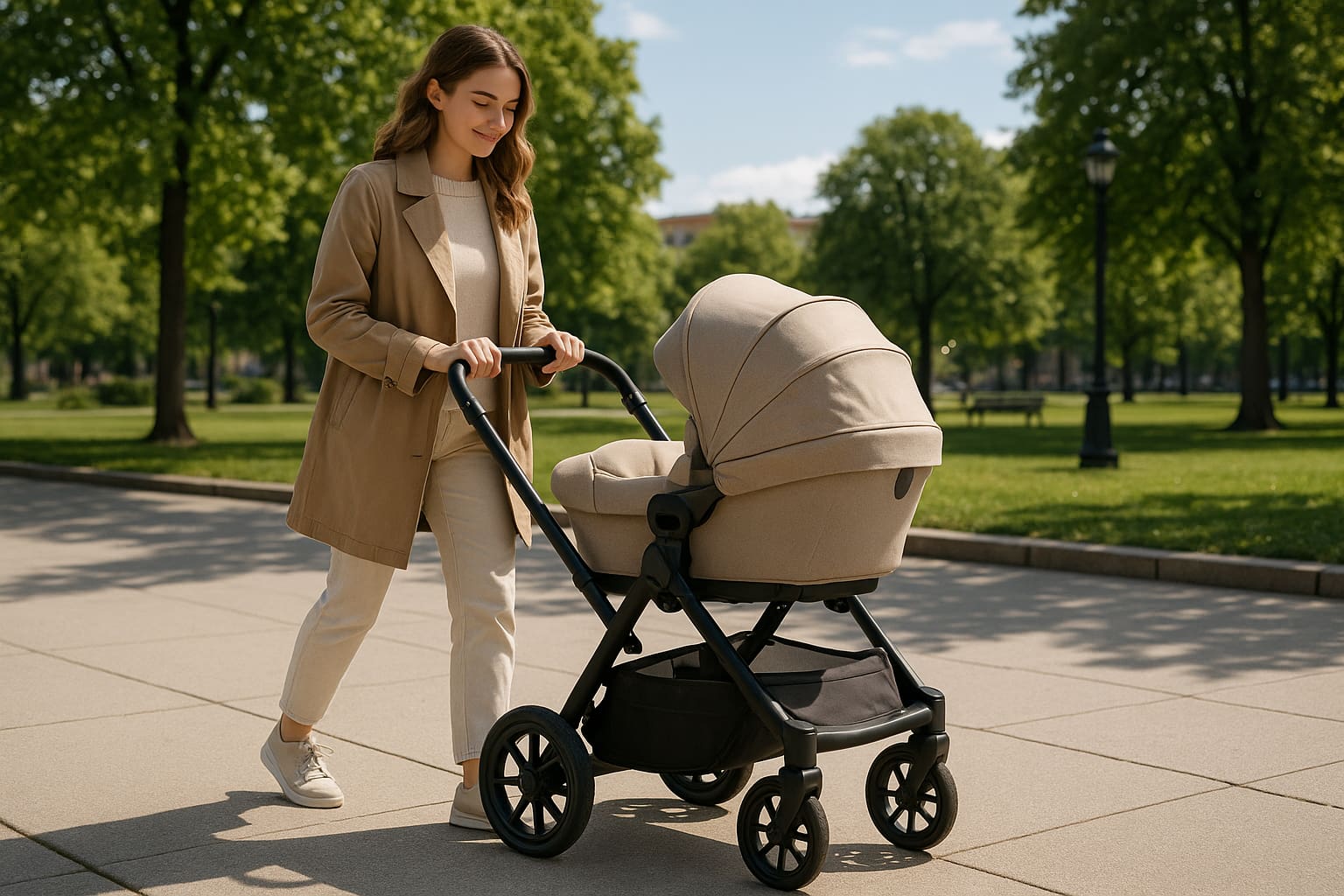 Travel system stroller being pushed on sidewalk with baby inside - Find For Baby Travel system stroller being pushed on sidewalk with baby inside - Find For Baby