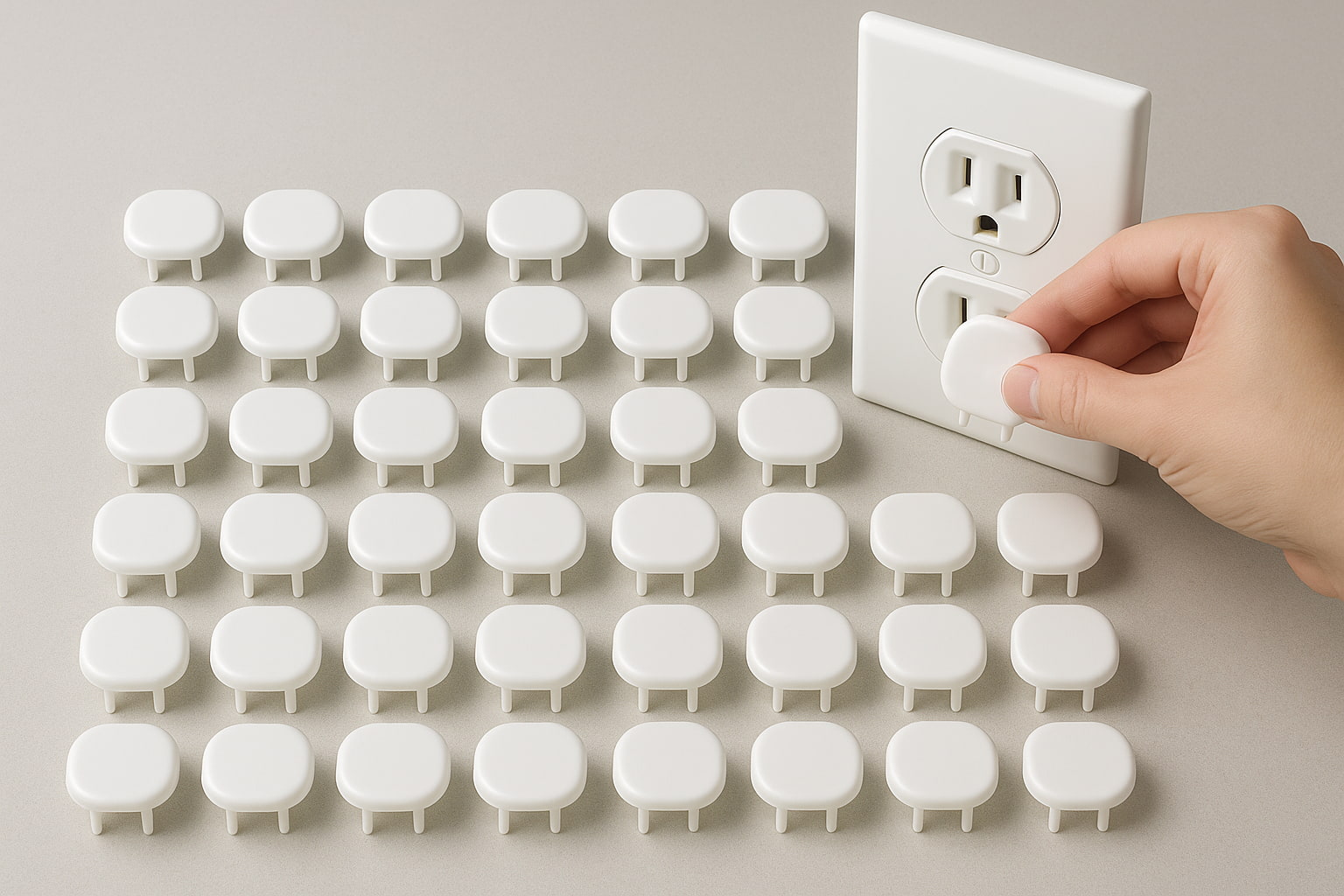 Unboxed 36-pack of white plastic plug protectors with one being inserted into a wall outlet - Find For Baby