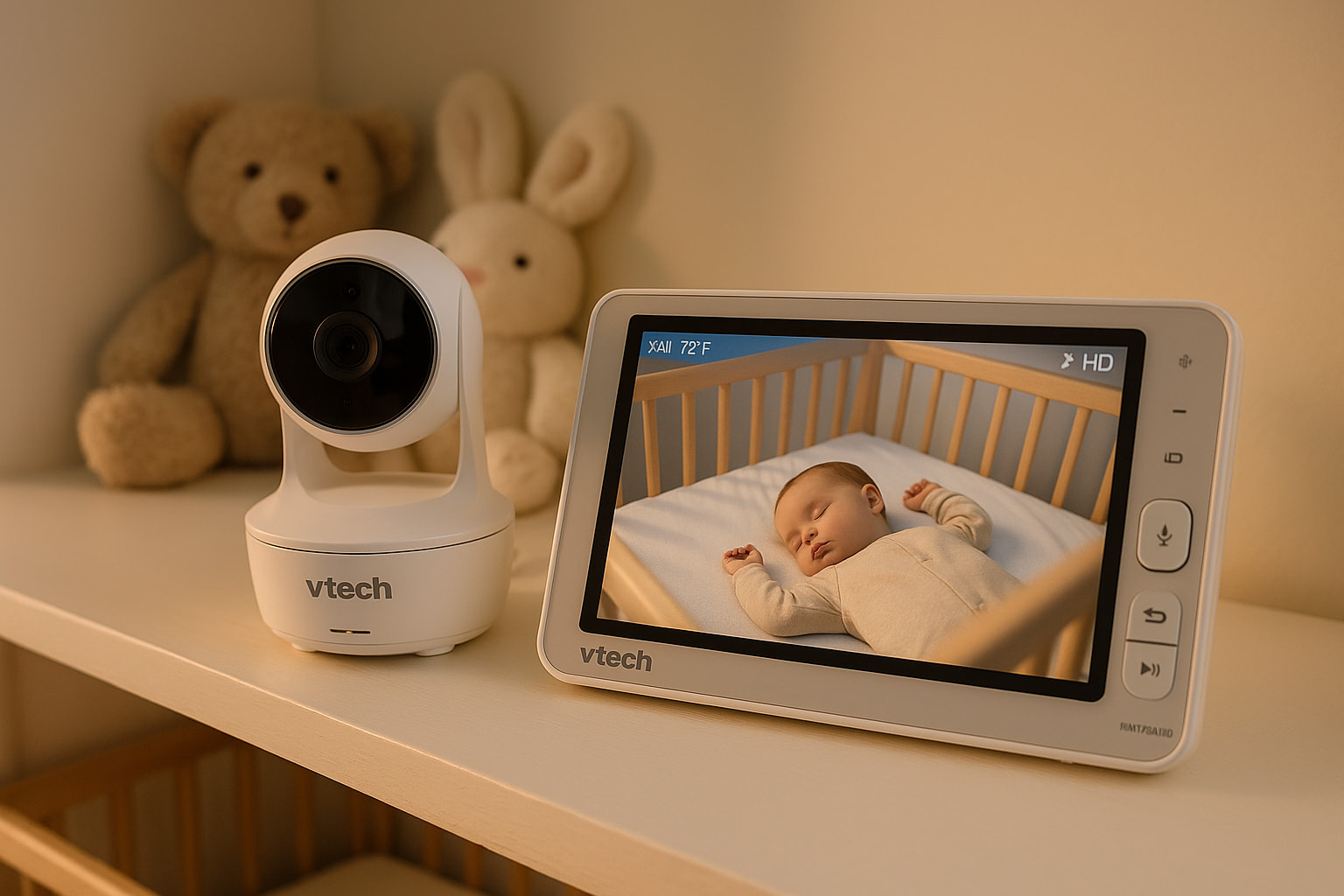 VTech RM7764HD Smart Baby Monitor Review setup in a cozy nursery with crib and wall-mounted camera - Find for Baby