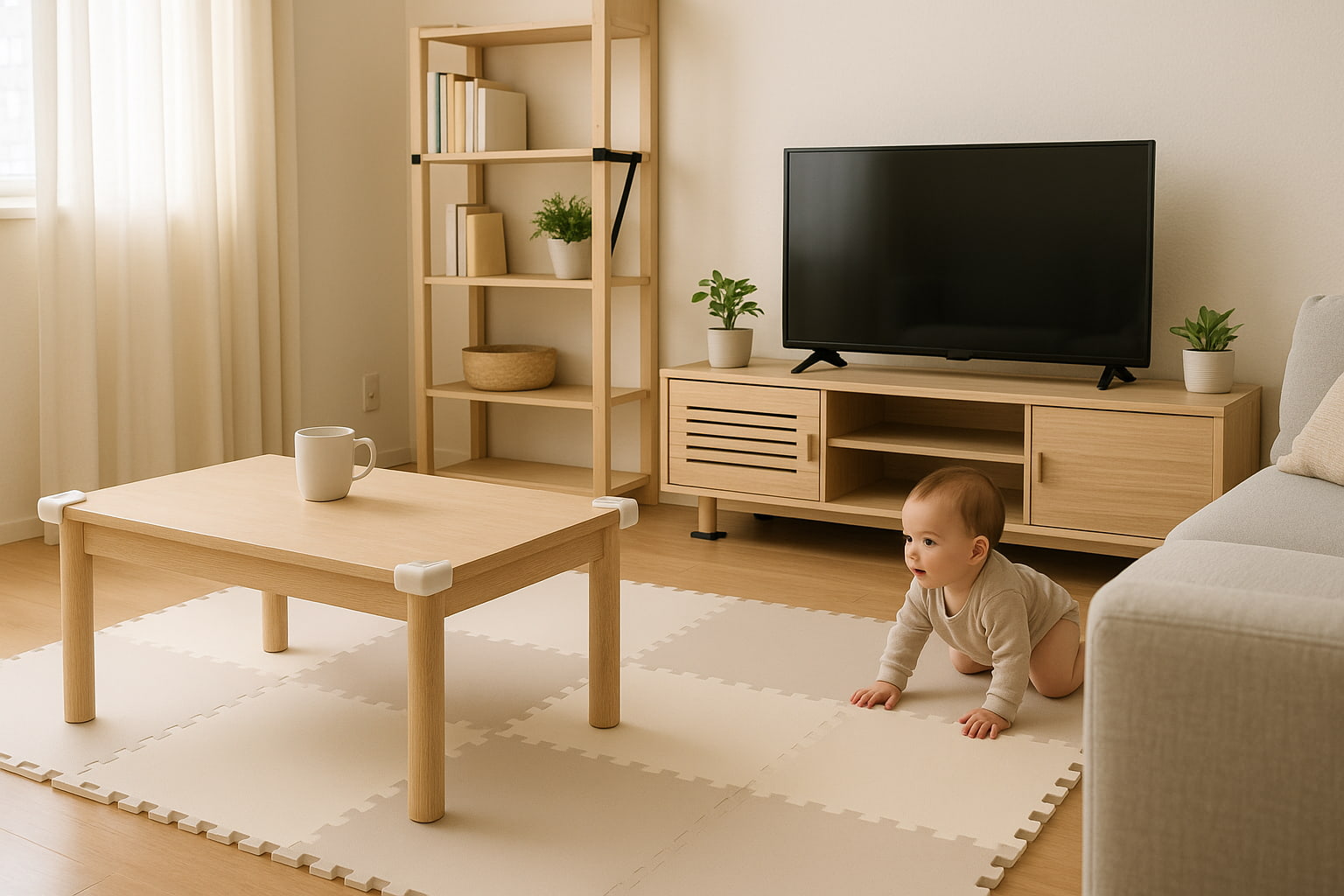 babyproof furniture without damage in living room with Adhesive Safety Gear (No Drilling) - Find For Baby