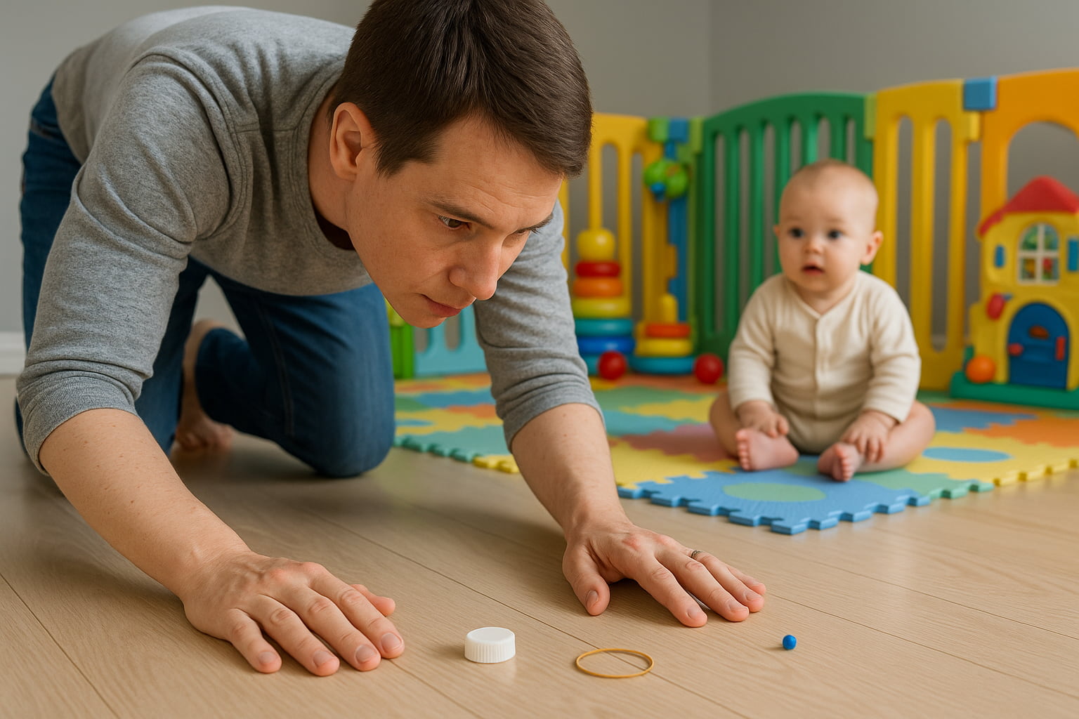 parent checking baby choking risks at home from floor level - Find For Baby
