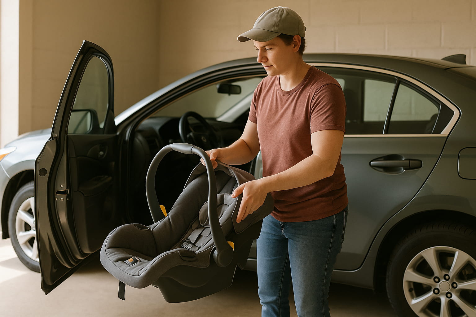 parent practicing baby car seat transfer at home - Find For Baby parent practicing baby car seat transfer at home - Find For Baby