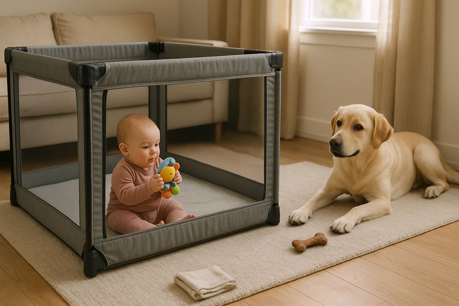 A baby sits safely inside a closed play yard while a calm dog watches from outside, showing safe separation and relaxed dog body language in a cozy home - Find For Baby A baby sits safely inside a closed play yard while a calm dog watches from outside, showing safe separation and relaxed dog body language in a cozy home - Find For Baby