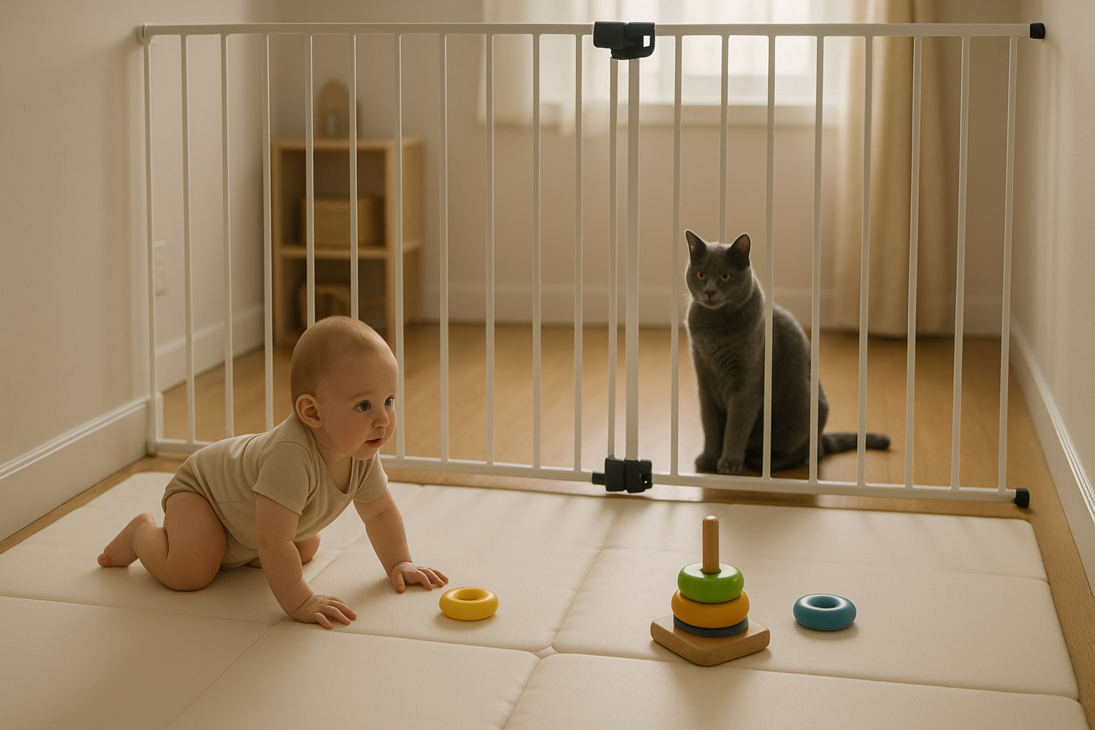 Baby playing safely in a gated area with cat outside the barrier - Find For Baby