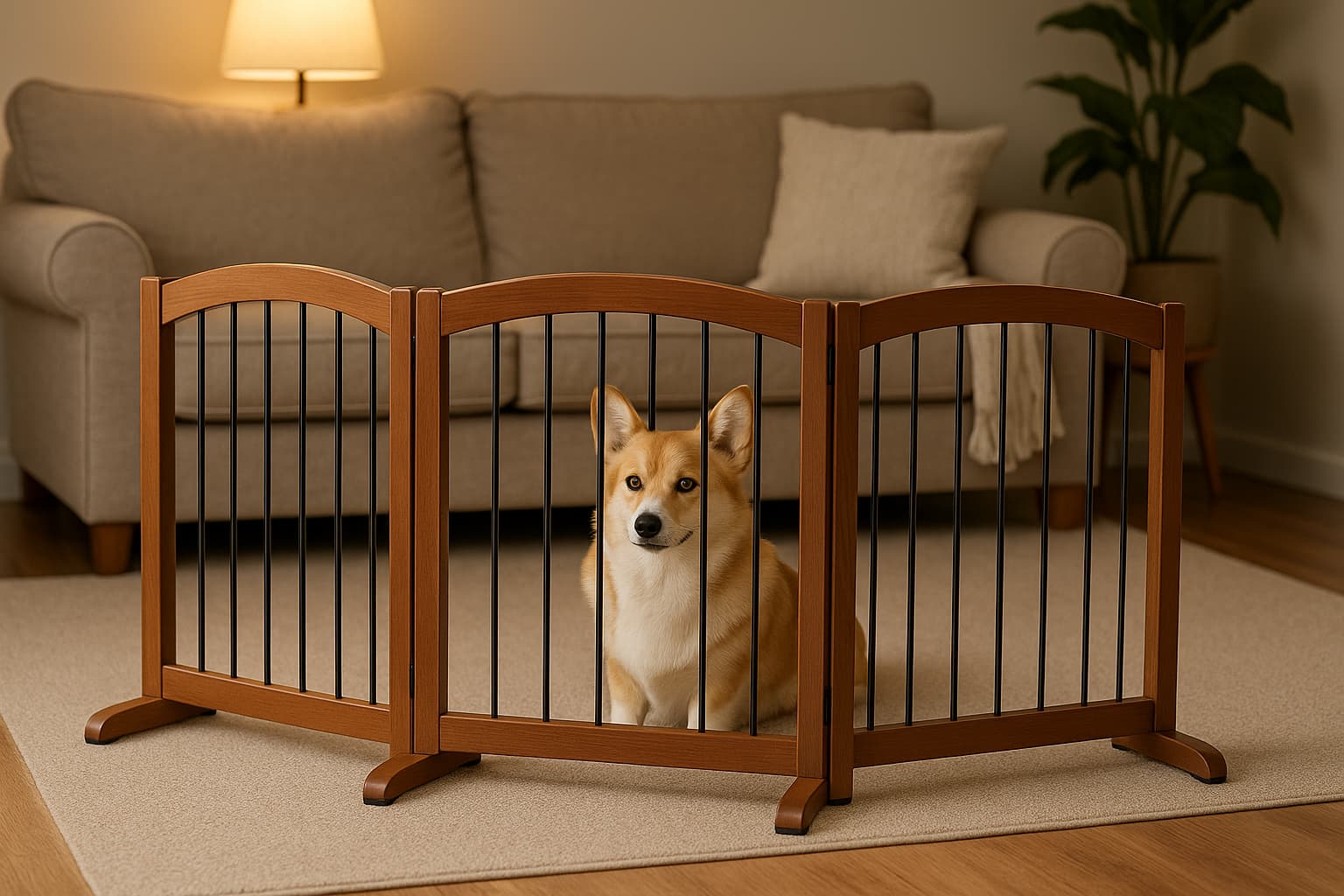 Baby safely playing inside freestanding pet gate play area - Find For Baby