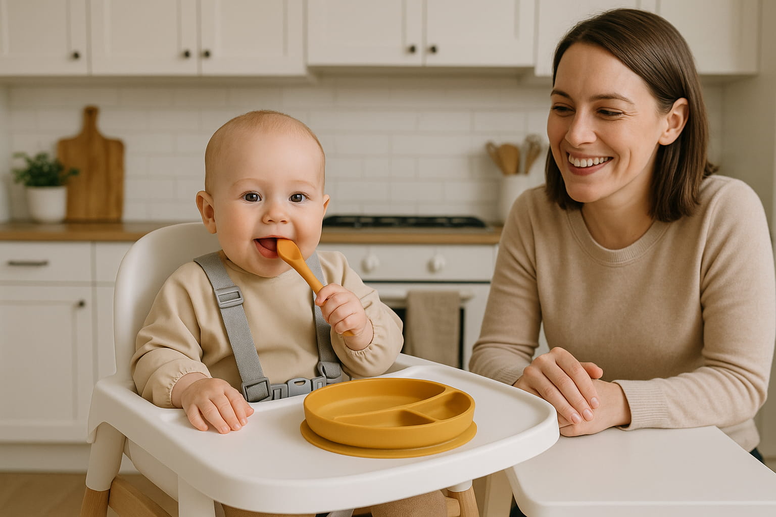 Baby sitting safely in a high chair with a suction plate and baby spoon, while a parent supervises nearby. - Find For Baby