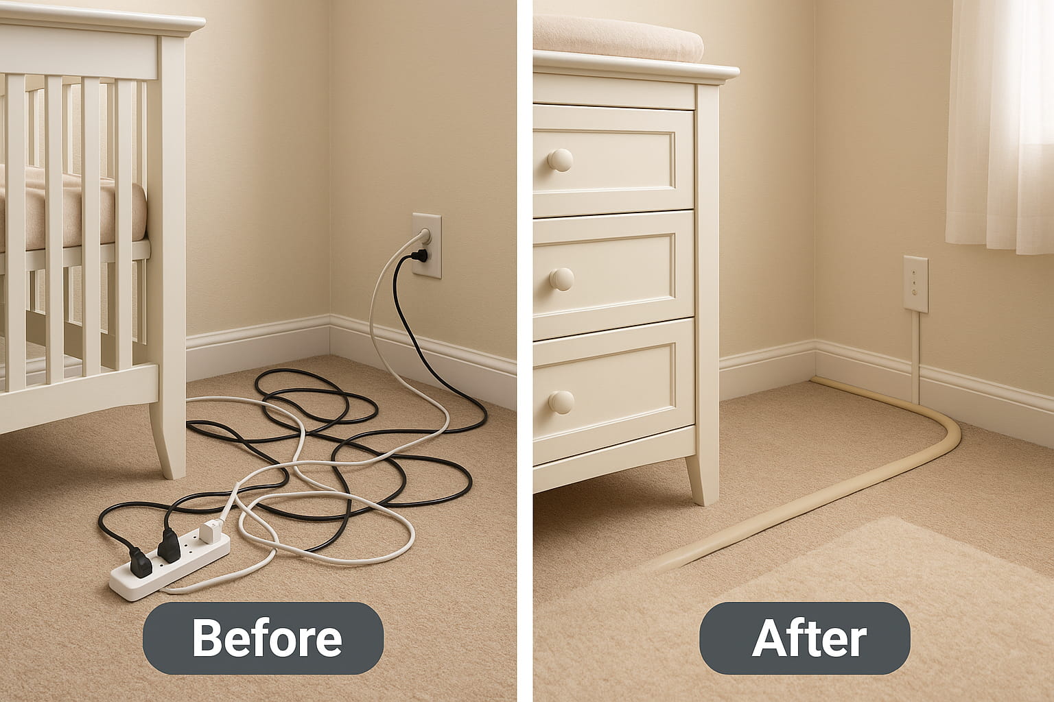 Before and after babyproofing floor cords with cord covers - Find For Baby Before and after babyproofing floor cords with cord covers - Find For Baby