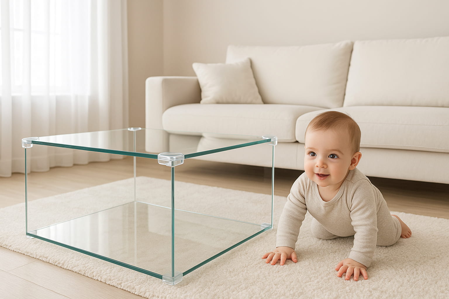 Best corner guards for glass tables used in a modern living room with babyproofed glass table edges - Find For Baby