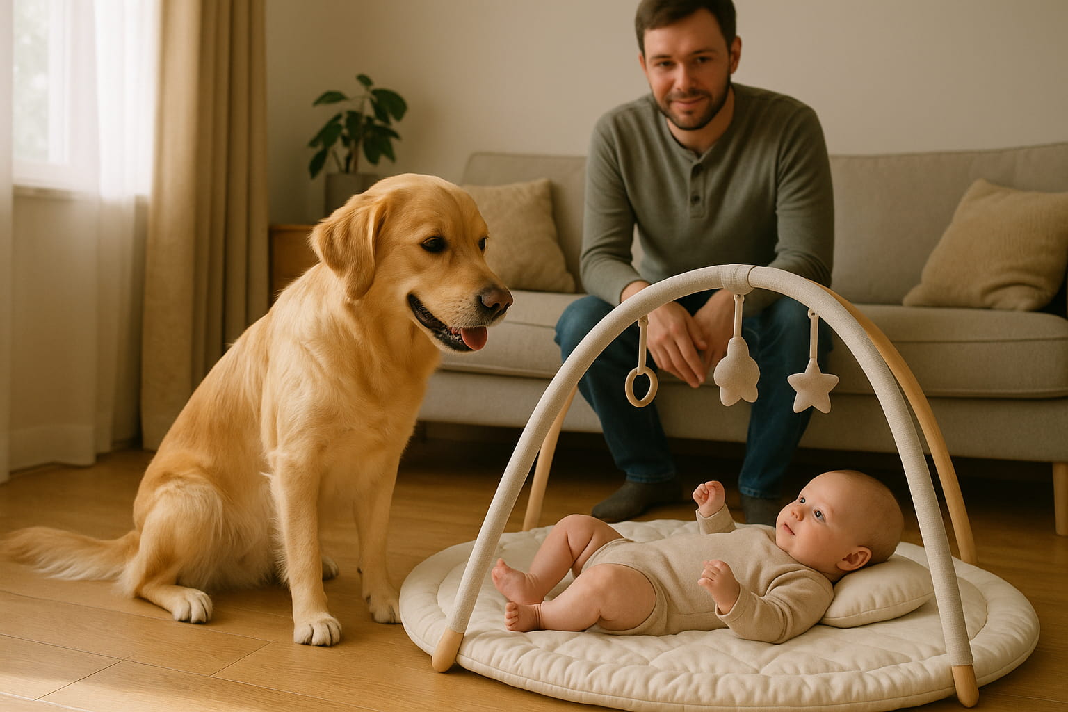 Calm dog body language around baby shown by relaxed posture and gentle eye contact - Find For Baby Calm dog body language around baby shown by relaxed posture and gentle eye contact - Find For Baby