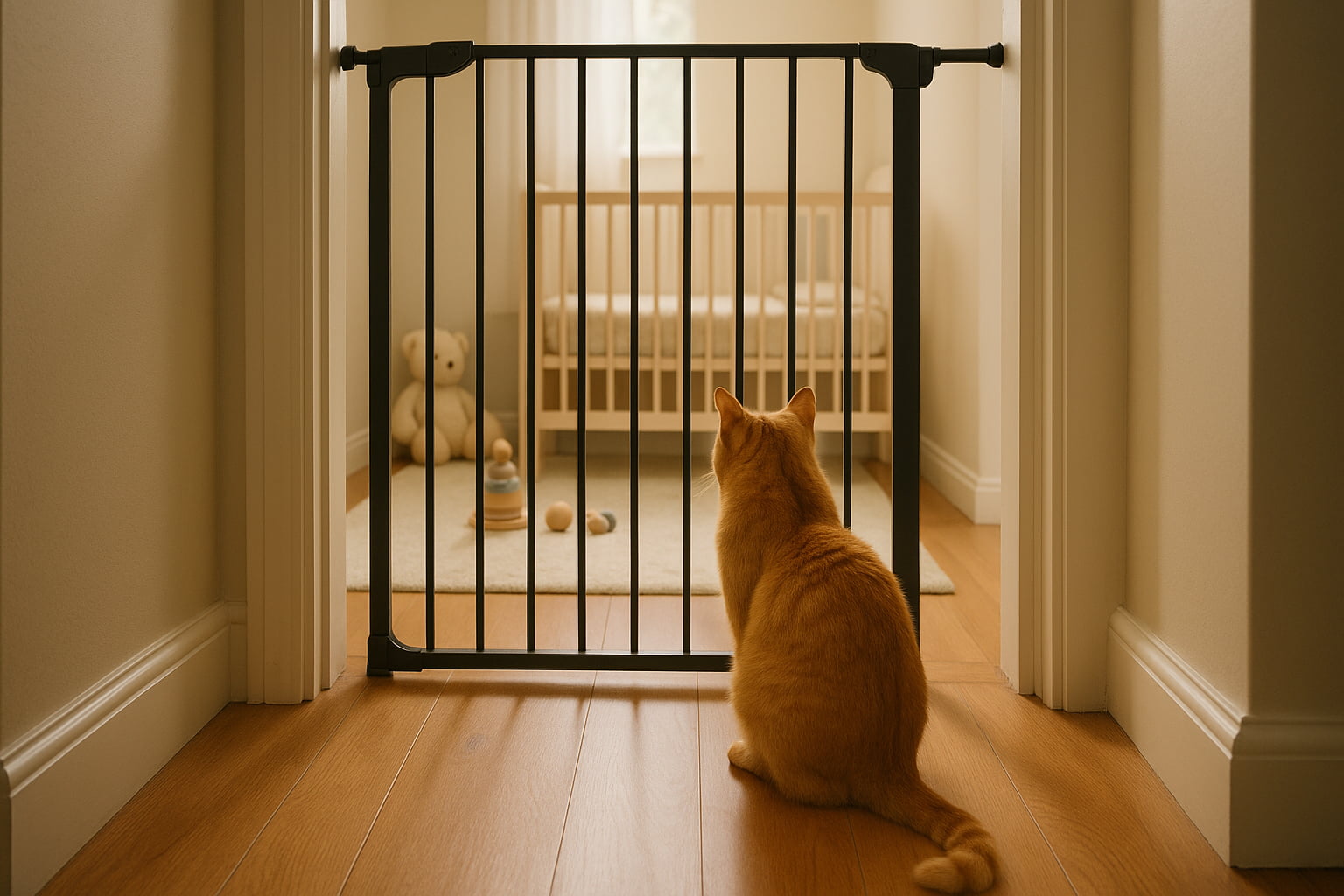 Cat outside a baby room protected by tall cat barriers for baby safety - Find For Baby