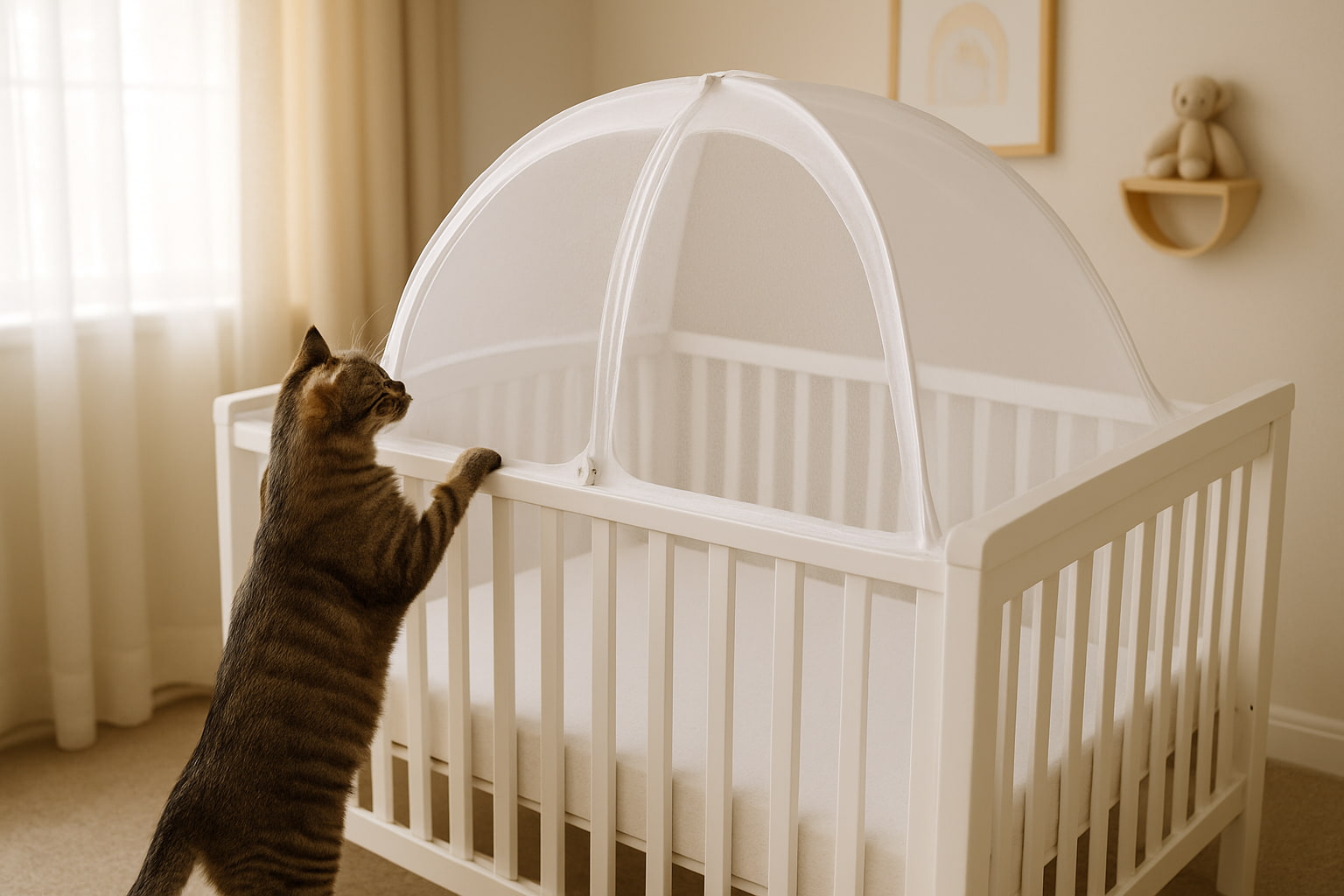 Cat standing outside a crib with a safety mesh tent installed - Find For Baby