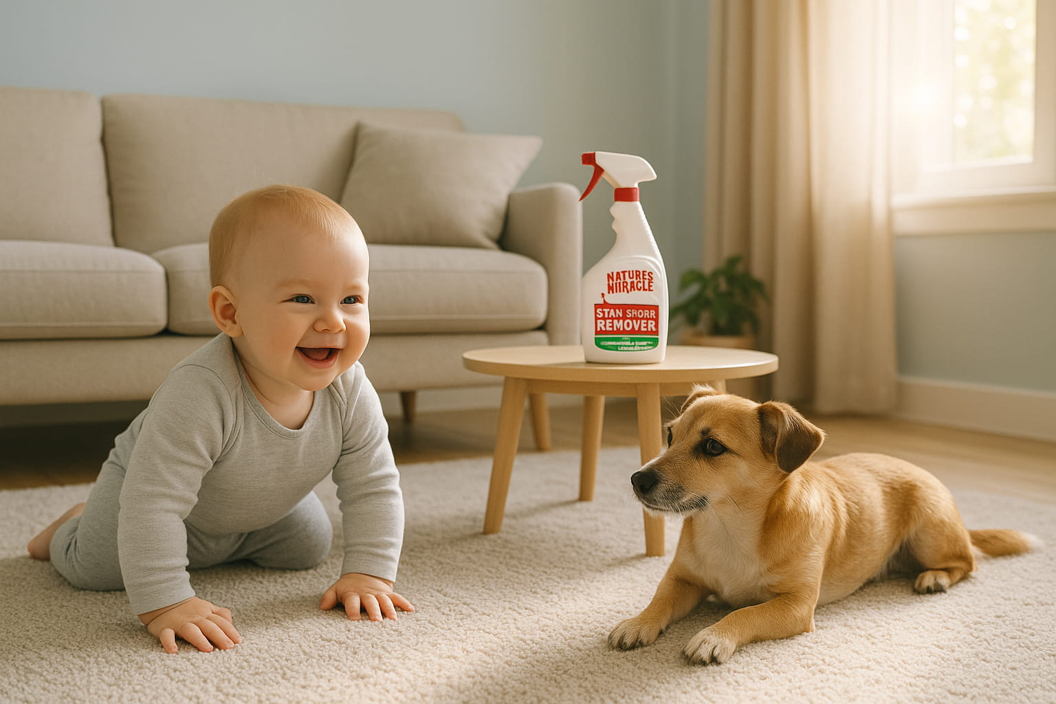 Clean baby-safe living room with pet and Nature’s Miracle Stain and Odor Remover in background - Find For Baby