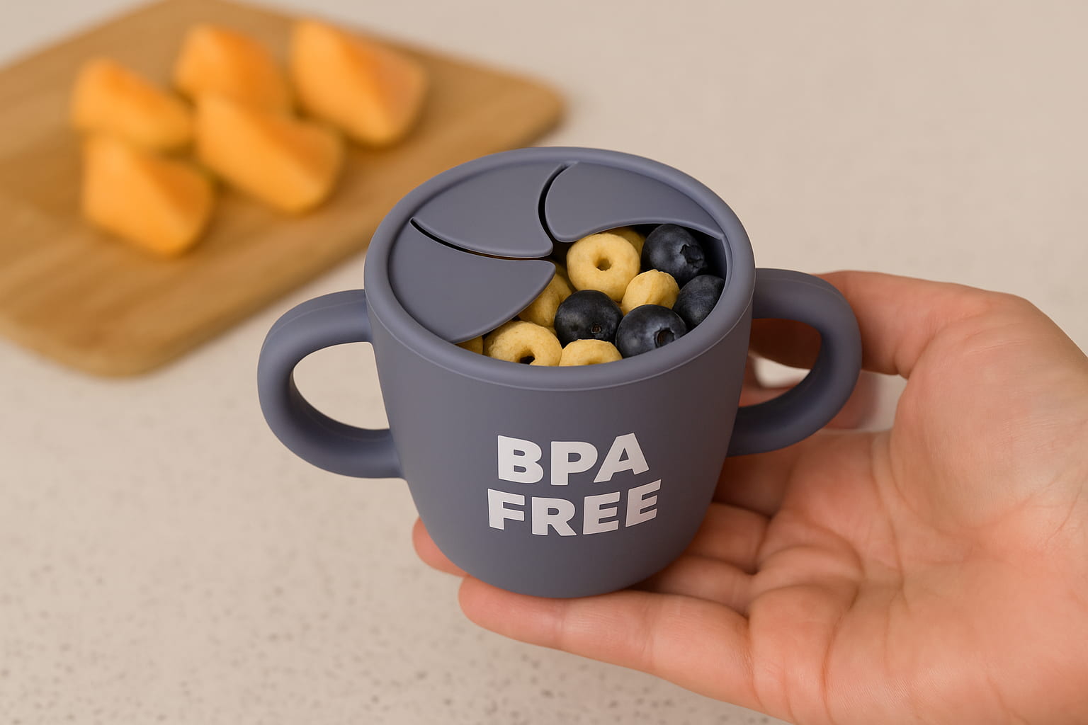 Close-up of a BPA-free snack container with soft flaps and easy-grip design. - Find For Baby