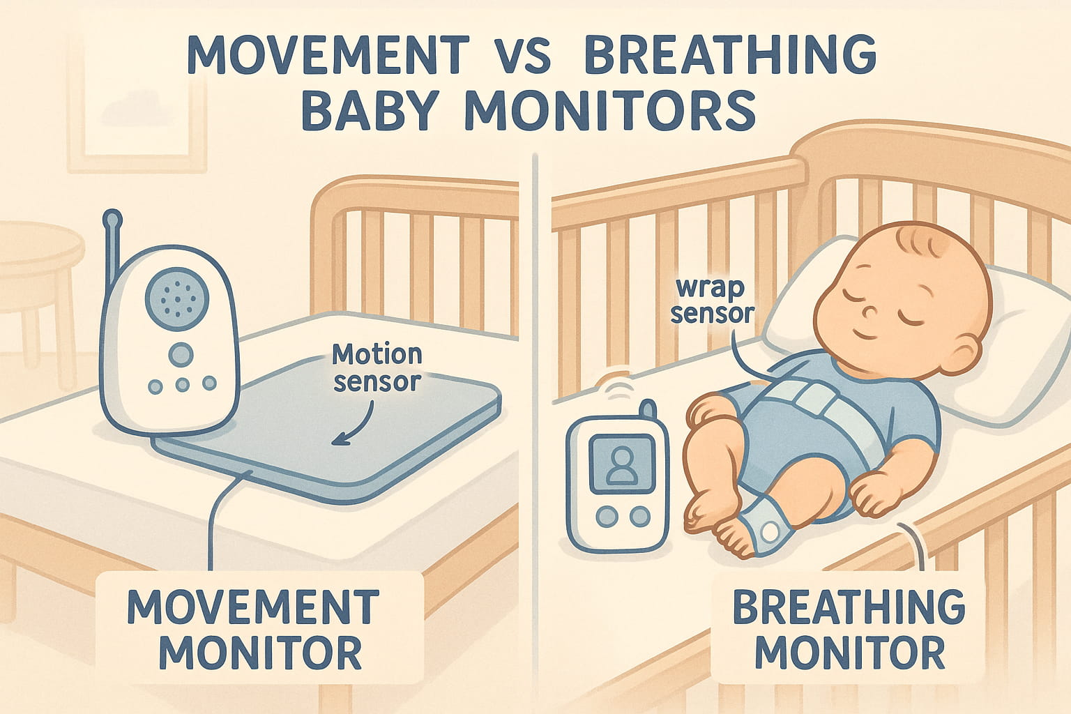 Comparison between movement vs breathing baby monitors with labeled visuals - Find For Baby