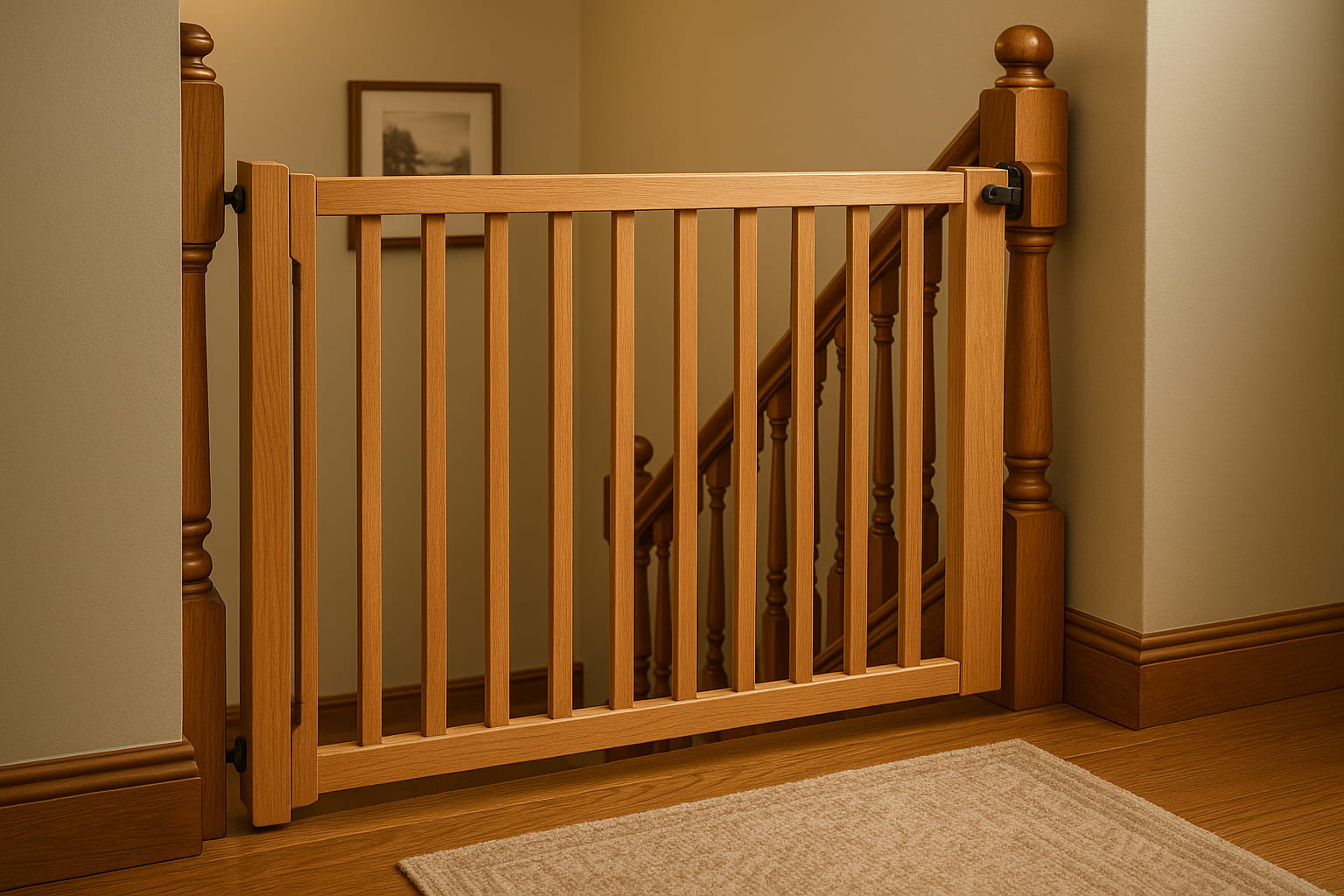 Decorative baby gate in wood finish used on staircase landing - Find For Baby