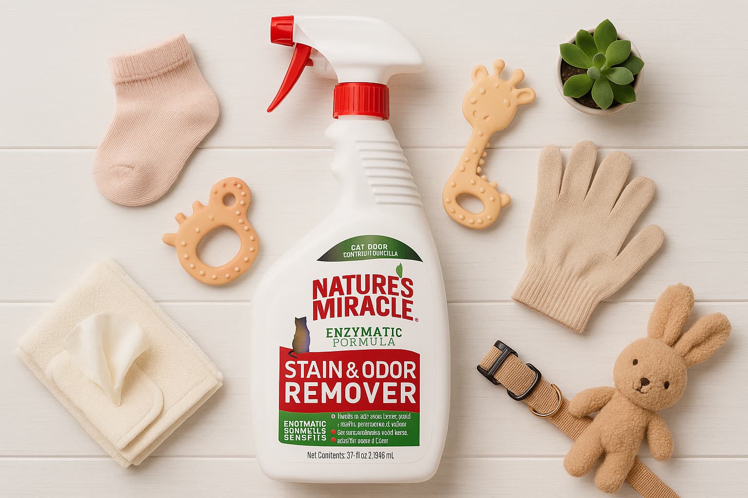 Flat lay of baby-safe and pet-friendly cleaning kit with enzyme cleaner - Find For Baby