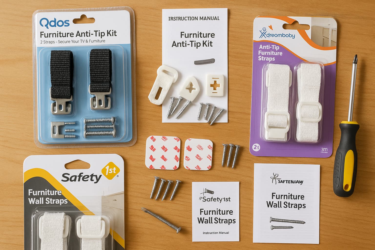 Flat-lay of babyproofing tools and anti-tip furniture kits - Find For Baby